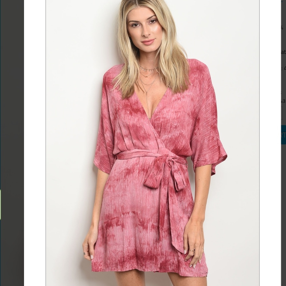 MYETTE Faux Wrap Tie Dye Mini Dress Rose Reds & Pink NWT LAST 1 Left SIZE SMALL - Picture 8 of 9